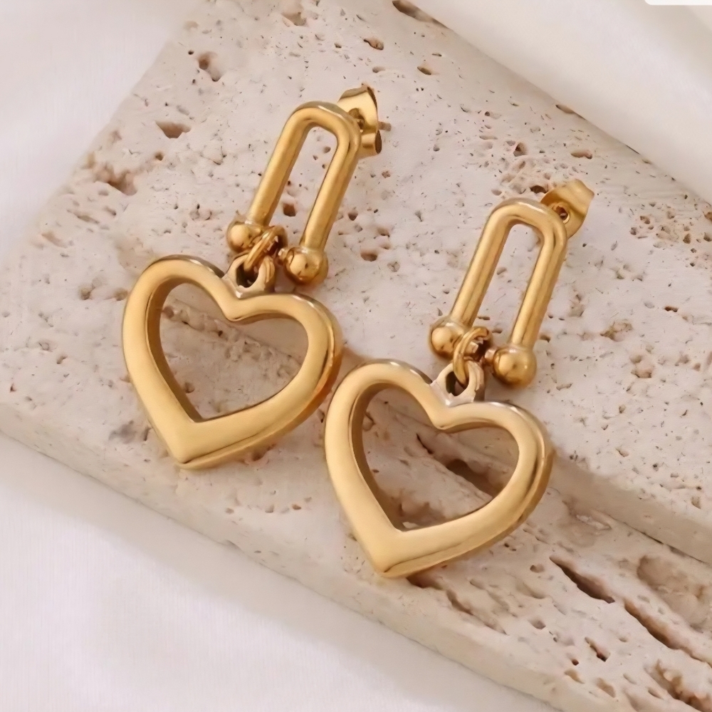 Elegant Golden-Tone Stainless Steel Heart Drop Earrings with U-Bar Closure